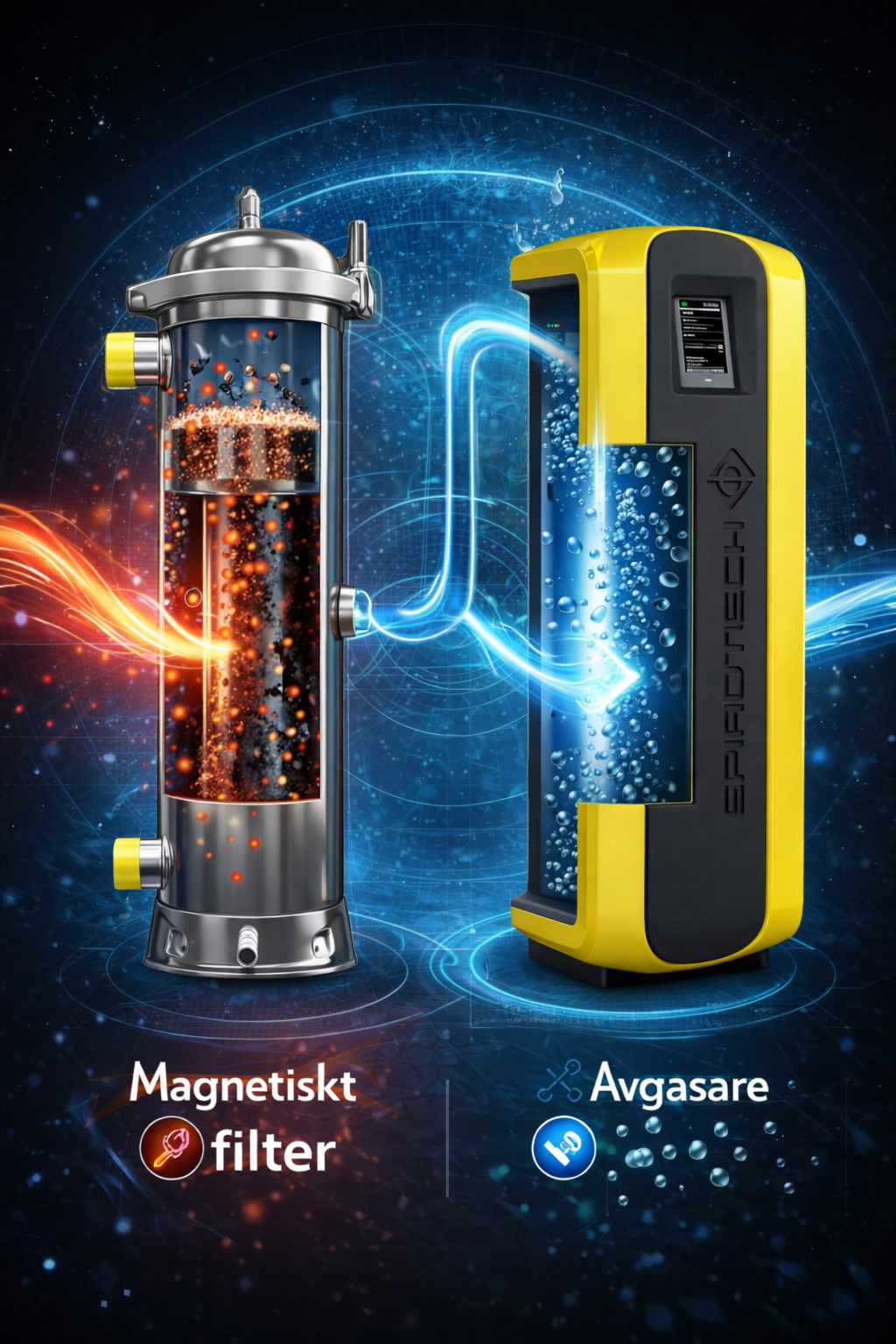 Magnetisk smutsavskiljning och effektiv avgasning i ett komplett skyddssystem