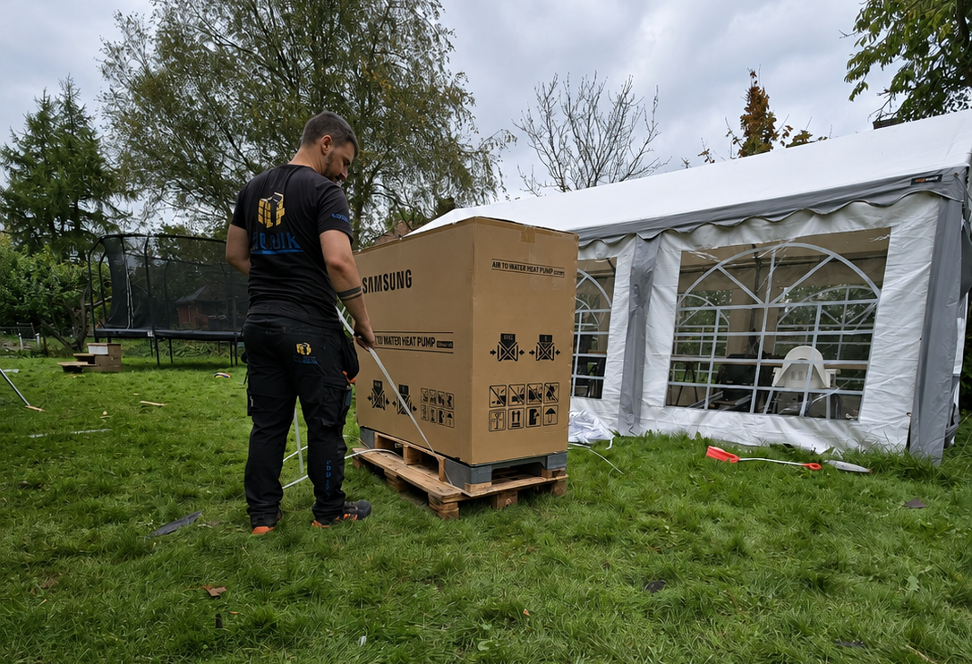 Rubik VVS-tekniker bredvid en levererad Samsung luft/vatten-värmepump